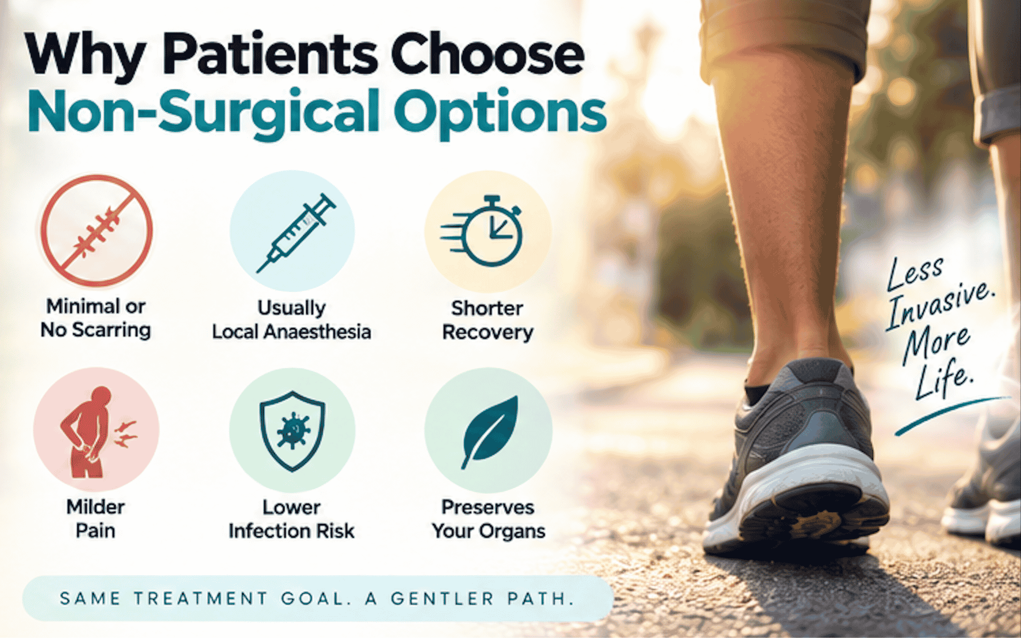 Benefits of minimally invasive Interventional Radiology procedures including minimal scarring, local anaesthesia, shorter recovery, lower infection risk, reduced pain, and organ preservation compared with traditional surgery.