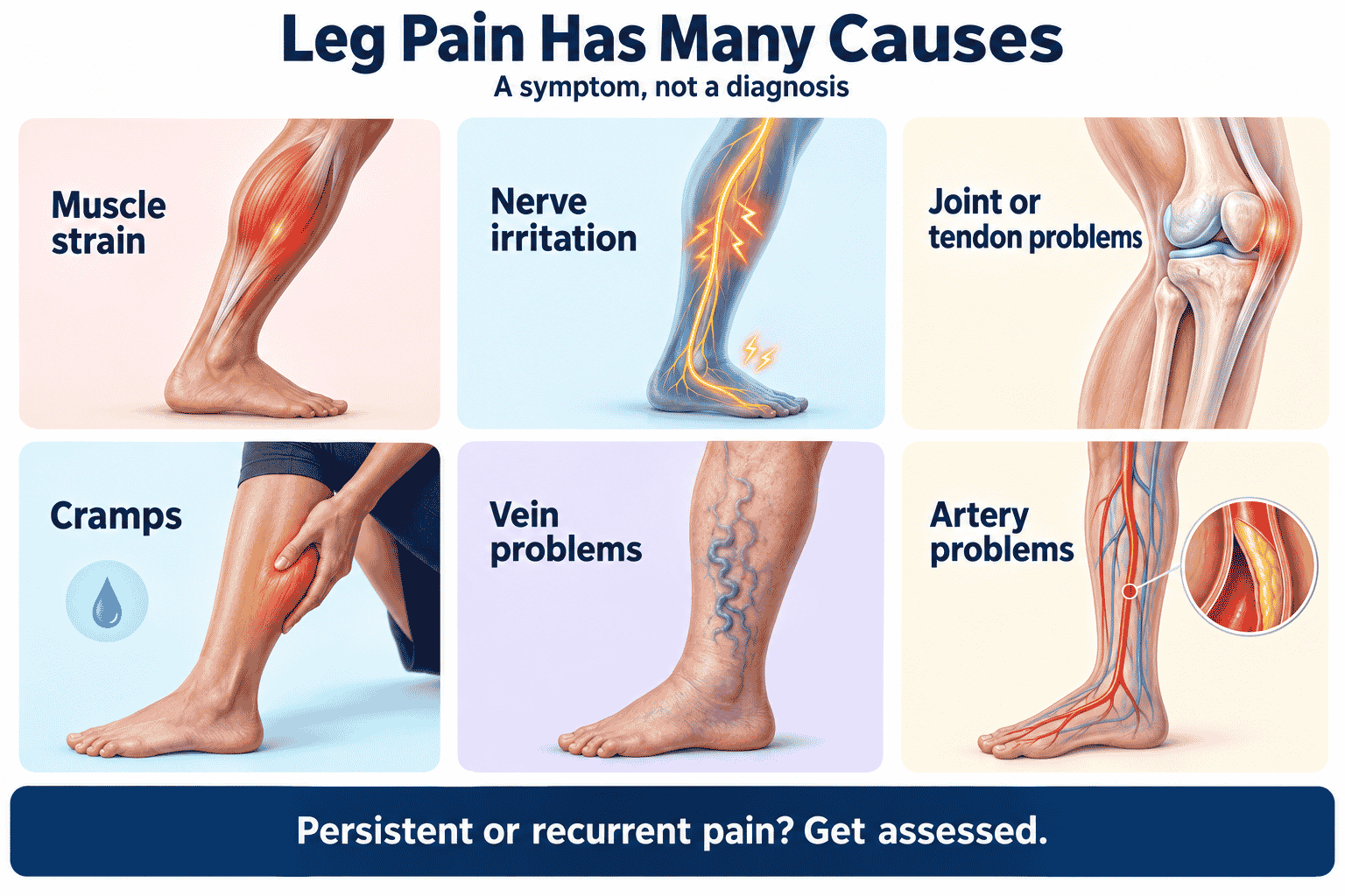 Leg pain can have many causes including muscle strain, nerve irritation, joint problems, cramps, vein problems and artery problems