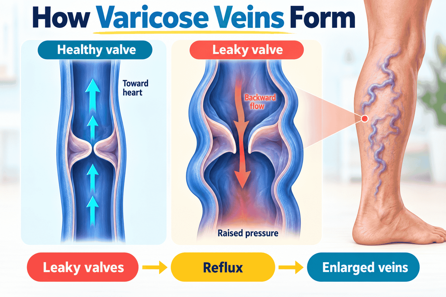How varicose veins form from leaky valves, backward blood flow, reflux and enlarged veins