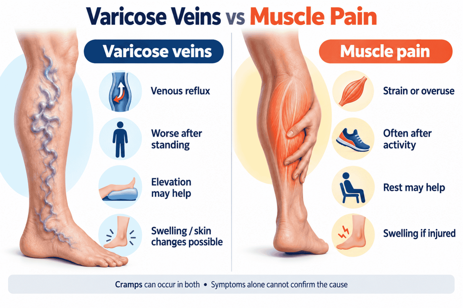Varicose veins vs muscle pain showing differences in symptoms, causes and relief