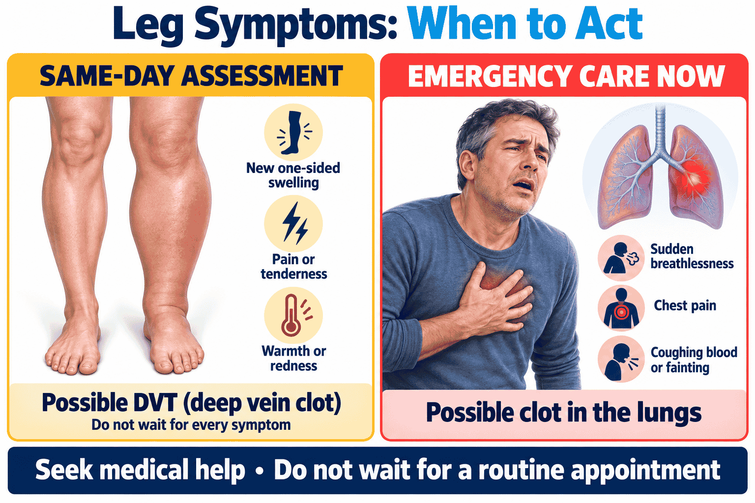 Leg symptoms requiring medical attention including one-sided swelling, pain, warmth, redness and emergency signs