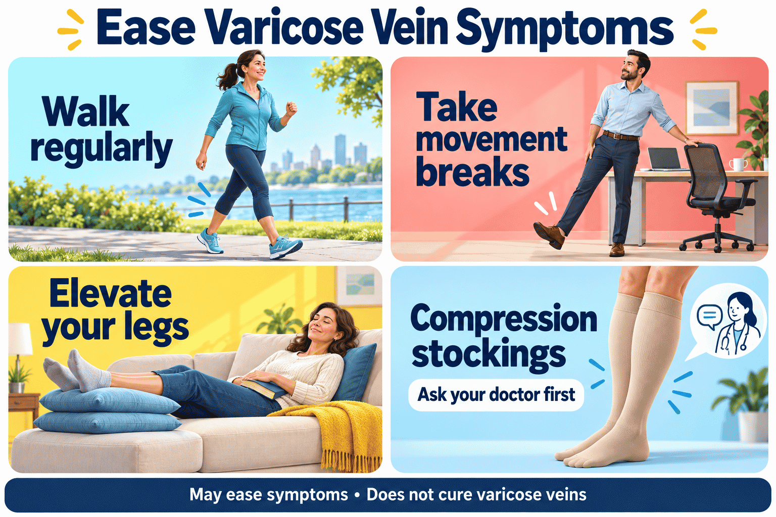Lifestyle changes and management tips to ease varicose vein symptoms, including walking, leg elevation, compression stockings and medical consultation.